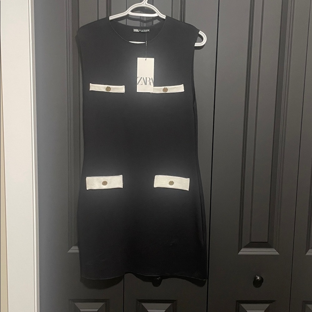 Zara Black Sleeveless Shift Dress with White Pocket Trim
